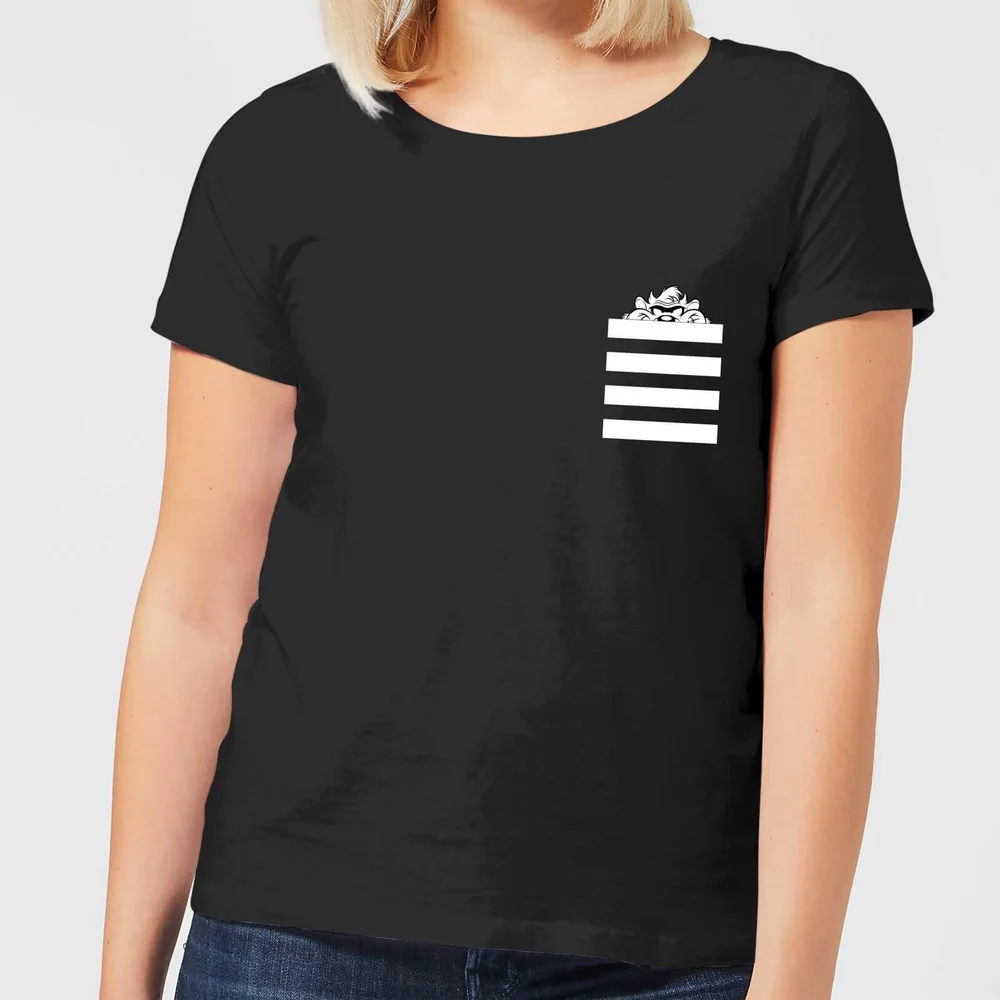 Looney Tunes Taz Stripes Pocket Print Dames T-shirt - Zwart - S Afbeelding 1