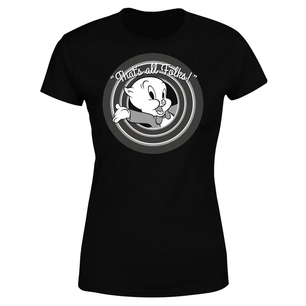 Looney Tunes Porky Pig Circle Logo Dames T-shirt - Zwart - S Afbeelding 1