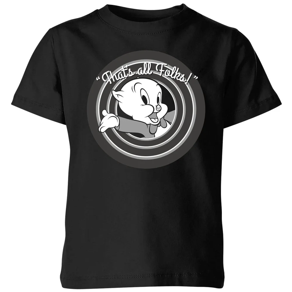Looney Tunes Porky Pig Circle Logo Kinder T-shirt - Zwart - 98/104 (3-4 jaar) Afbeelding 1
