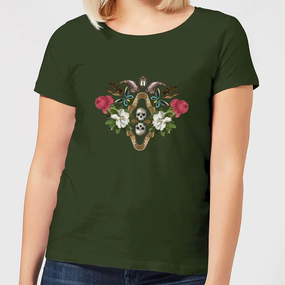 Natural History Museum Skulls And Flowers Women's T-Shirt - Forest Green - S - Forest Green Afbeelding 1