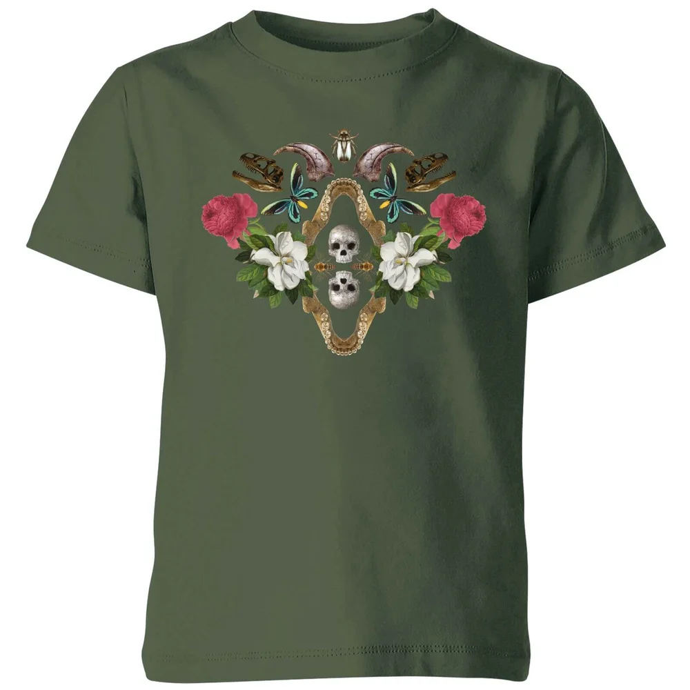 Natural History Museum Skulls And Flowers Kids' T-Shirt - Forest Green - 98/104 (3-4 jaar) - Forest Green Afbeelding 1