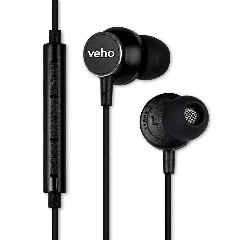 Veho Z3 Noise Isolating Stereo Earphones with Flat Flex Anti Tangle Cord (In-Line Control and Microphone) - Black Afbeelding 1