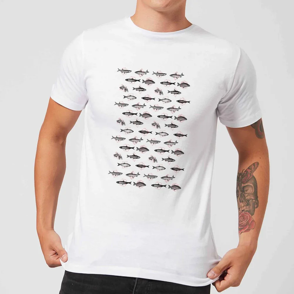 Florent Bodart Fish In Geometric Pattern Men's T-Shirt - White - 5XL Afbeelding 1