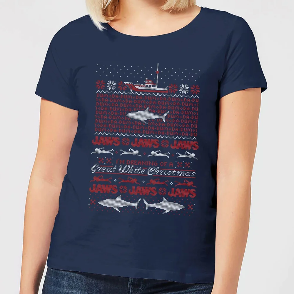 Jaws Great White Dames Kerst T-Shirt - Navy - S Afbeelding 1