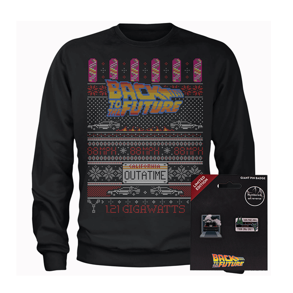 Back To The Future OUTATIME Men's Christmas Sweatshirt and Pin Badge Bundle - S - Zwart Afbeelding 1