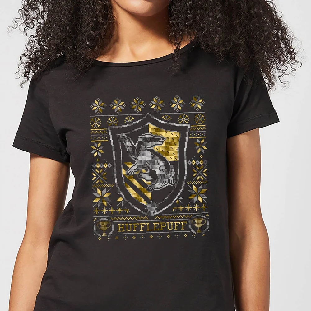 Harry Potter Hufflepuff Crest dames kerst t-shirt - Zwart - S Afbeelding 1