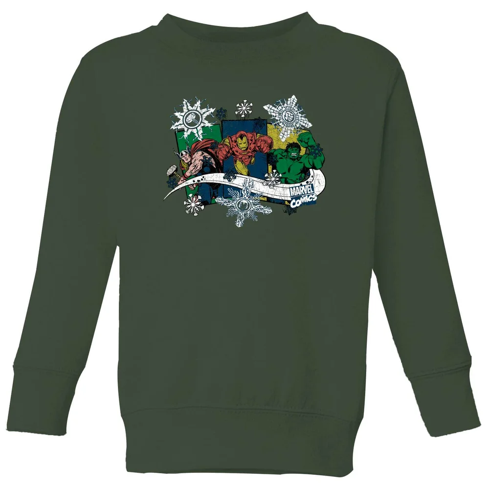 Marvel Thor Iron Man Hulk Snowflake kinder kersttrui - Donkergroen - 98/104 (3-4 jaar) Afbeelding 1