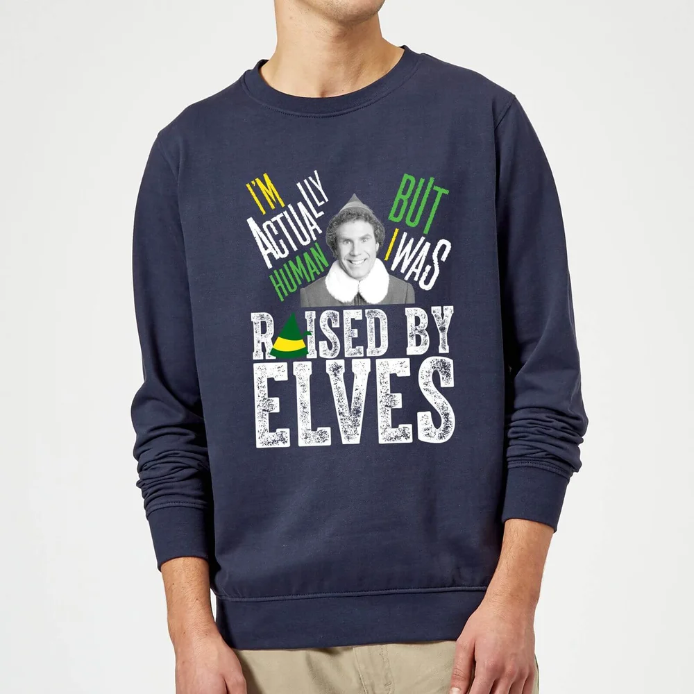 Elf Raised By Elves Christmas Jumper - Navy - S Afbeelding 1