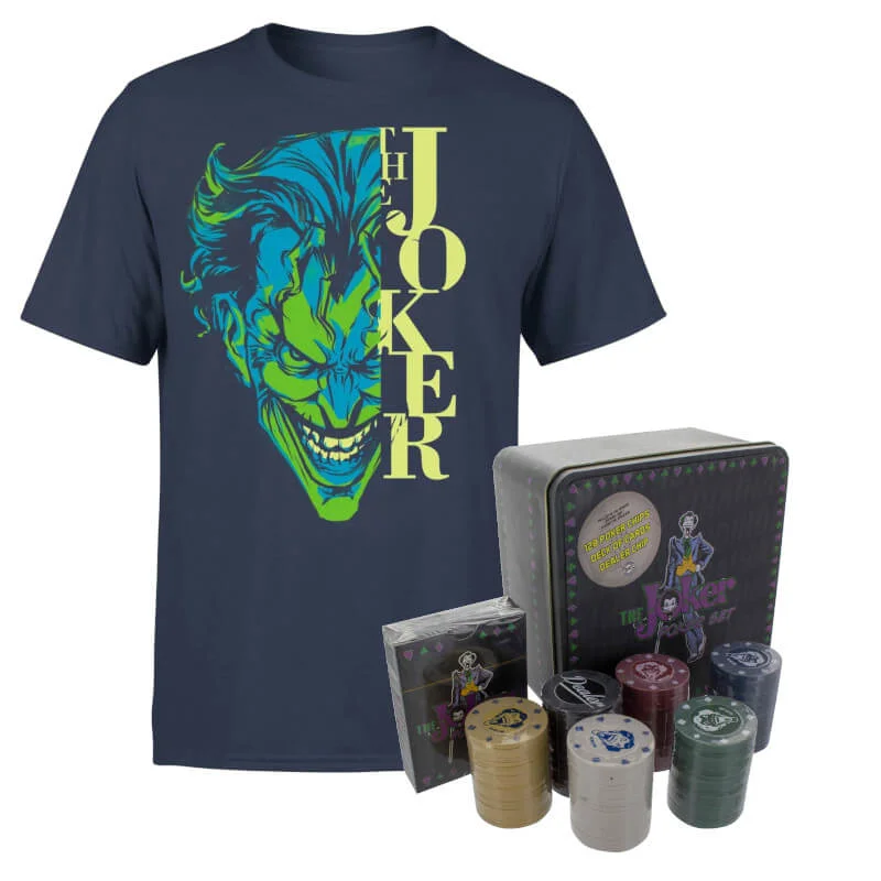 DC Comics Batman Split Joker Stare Navy T-shirt & Joker Poker Bundle - Men's S - Navy blauw Afbeelding 1