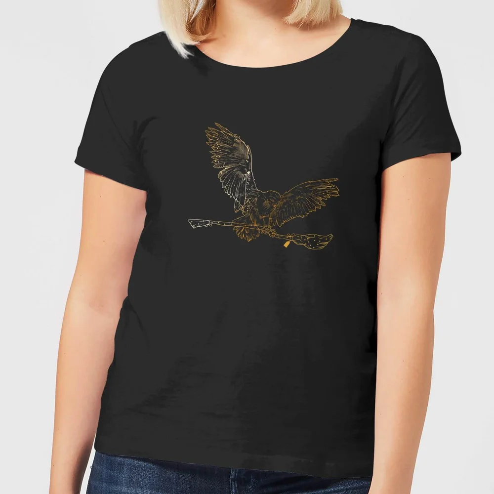 Harry Potter Hedwig Broom Gold dames t-shirt - Zwart - S Afbeelding 1