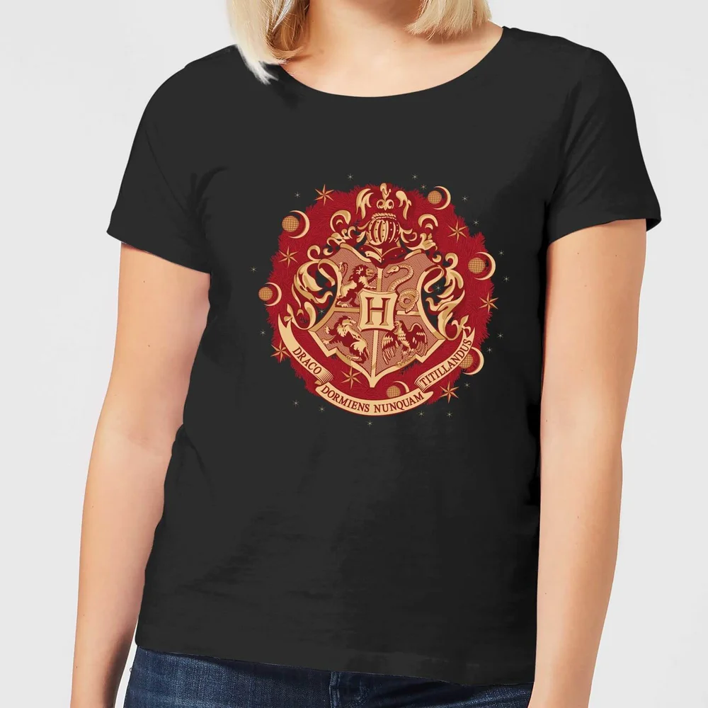 Harry Potter Hogwarts Christmas Crest dames t-shirt - Zwart - S Afbeelding 1