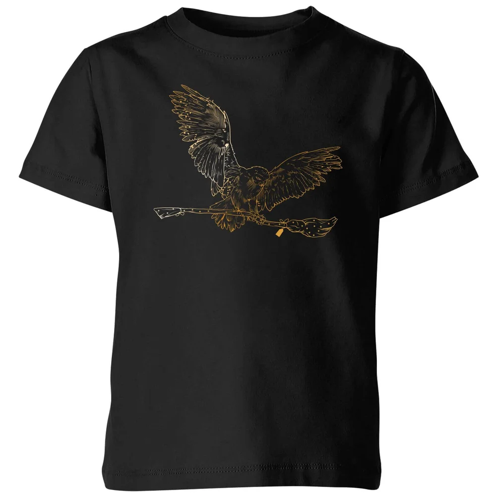 Harry Potter Hedwig Broom Gold kinder t-shirt - Zwart - 98/104 (3-4 jaar) Afbeelding 1
