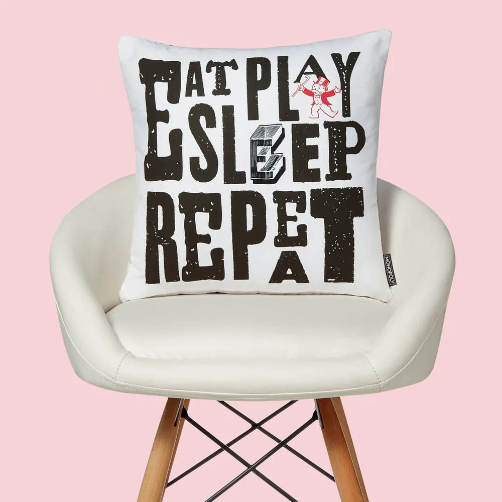 Monopoly Eat Sleep Play Repeat Square Cushion - 40x40cm - Soft Touch Afbeelding 1