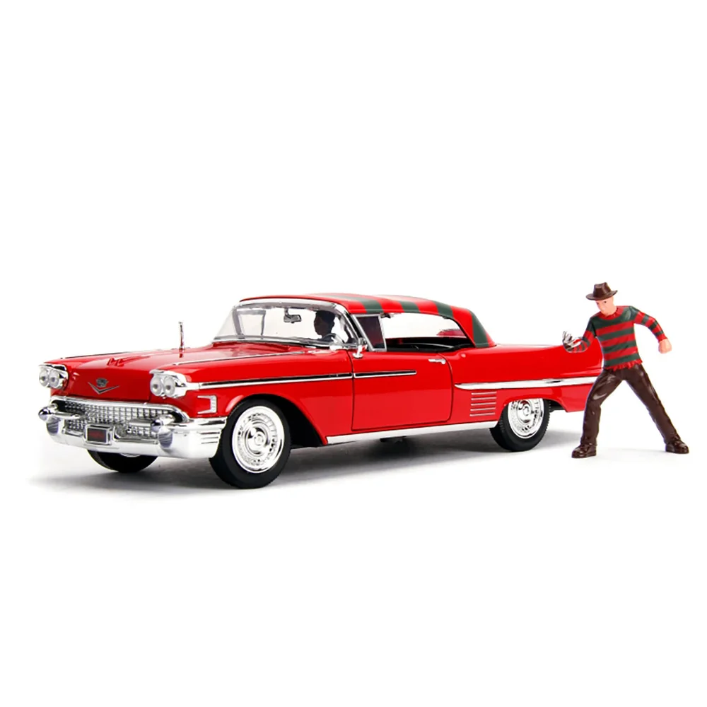 Jada Die Cast 1:24 1958 Cadillac with Freddy Kruger Figure Afbeelding 1