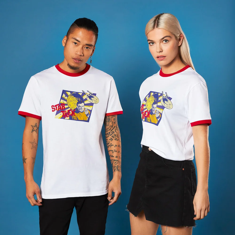 Retro Captain Kirk Star Trek T-shirt - White/ Red Ringer - S Afbeelding 1