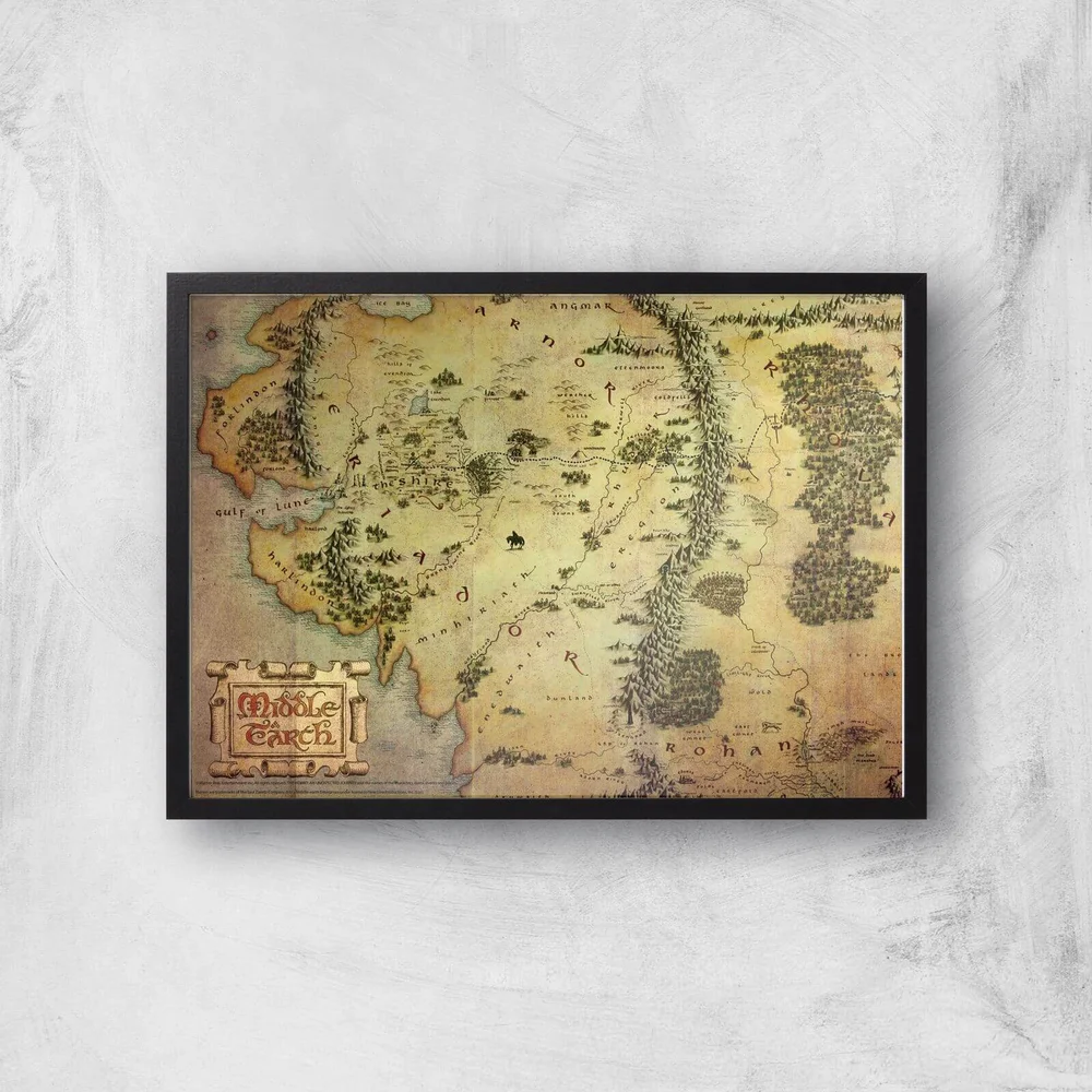 Lord Of The Rings Map Giclee Art Print - A3 - Black Frame Afbeelding 1