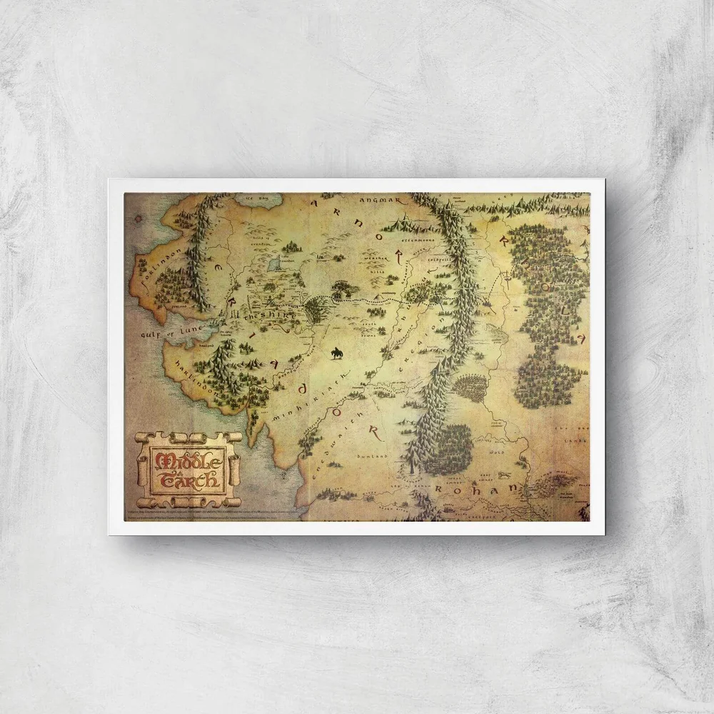 Lord Of The Rings Map Giclee Art Print - A2 - White Frame Afbeelding 1