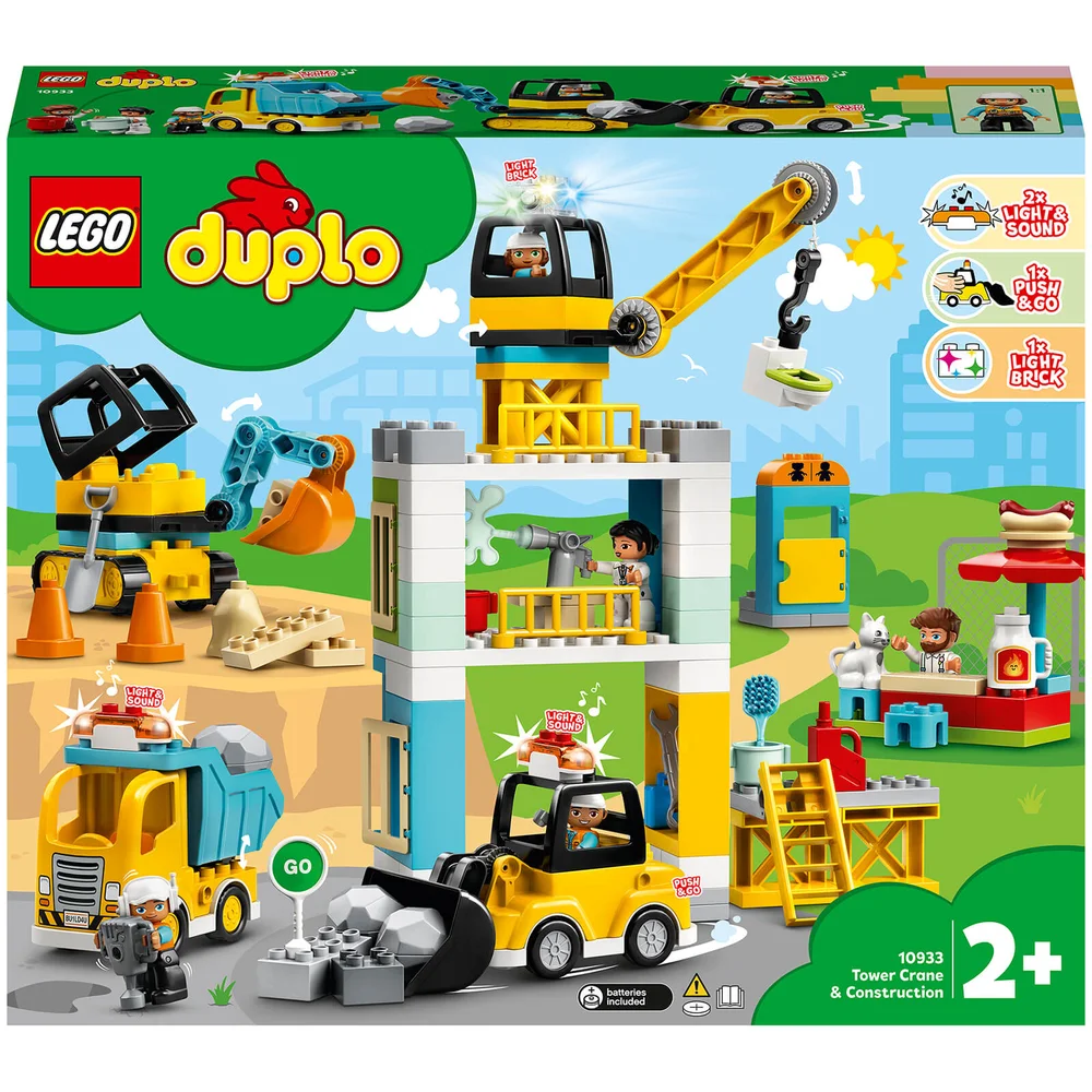 LEGO 10933 DUPLO Bouw met Torenkraan, Vrachtwagen, Graafmachine en Hotdog Kraam, Speelgoed voor Peuters vanaf 2 Jaar Afbeelding 1