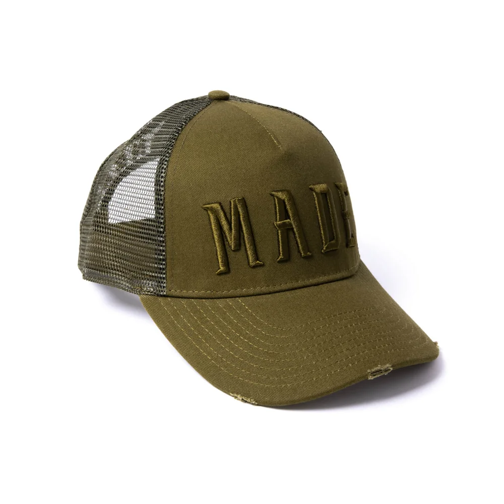 Milliner Military Olive Distressed Cotton Trucker Made 3D Embroidered Afbeelding 1