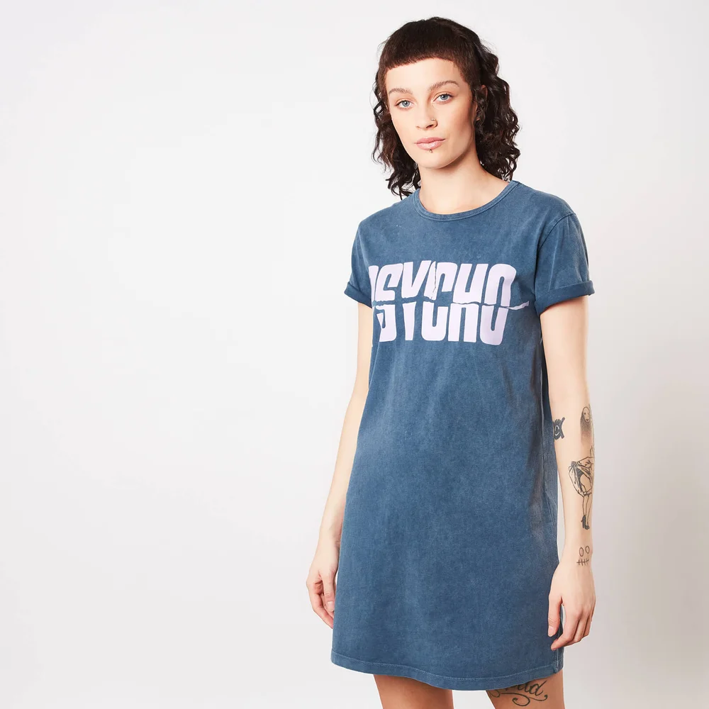 Psycho Logo Embroidered Women's T-Shirt Dress - Navy Acid Wash - XXL Afbeelding 1