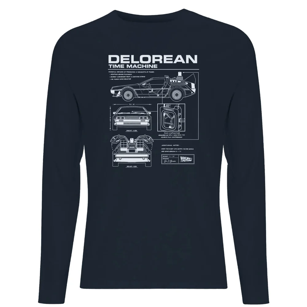 Back To The Future Delorean Schematic Unisex Long Sleeve T-Shirt - Navy - S Afbeelding 1