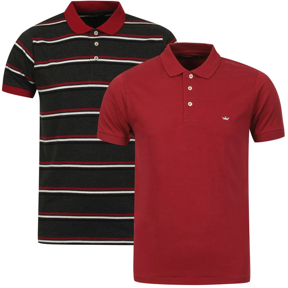 Brave Soul Men's Lusitania 2-Pack Polo Shirts - Burgundy/Charcoal Marl/Navy Stripe & Burgundy - S - Burgundy/Charcoal Marl/Navy Afbeelding 1