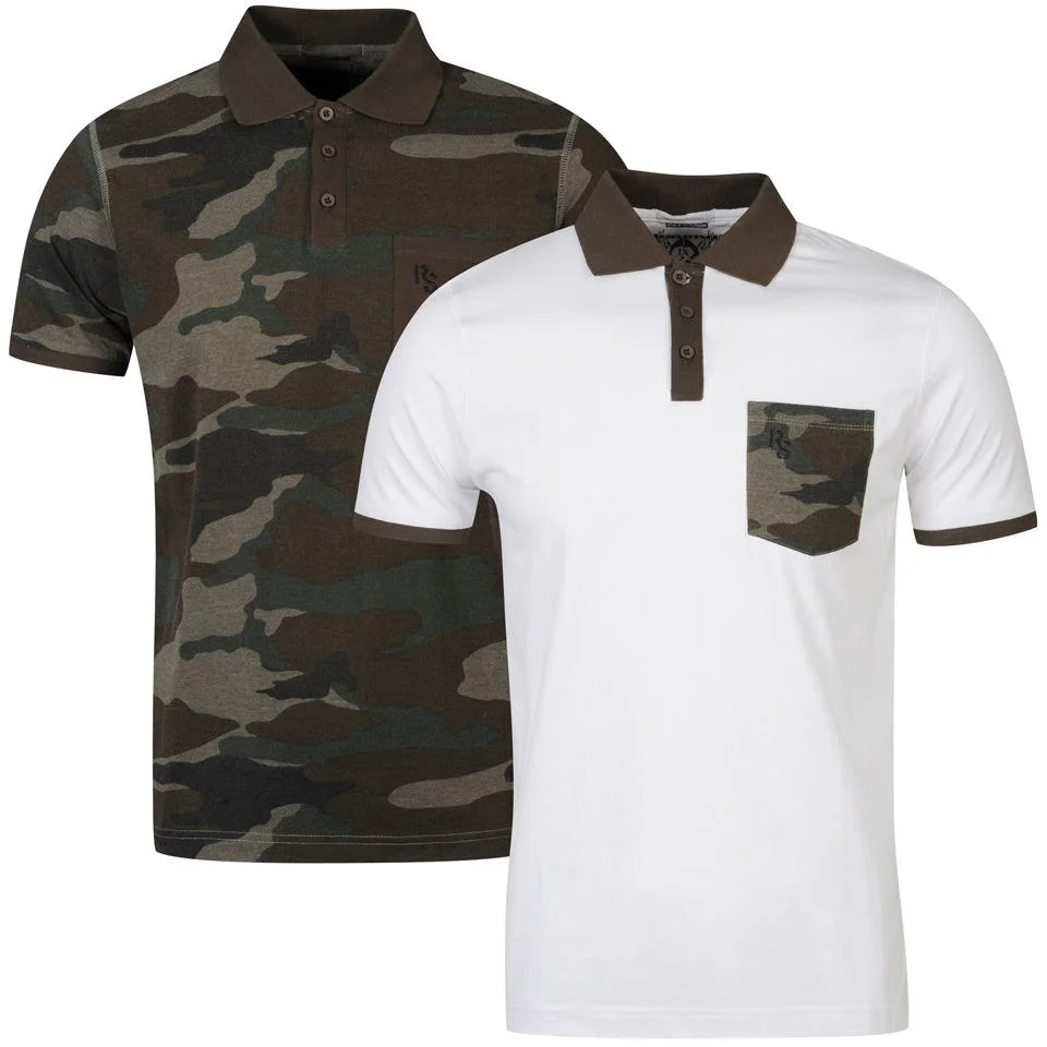 Ringspun Cranium 2 -Pack Polo's voor Heren- Wit/Camouflage Zakje & Olijfkleurig/Camouflage - S - White/Camo Pocket & Olive Marl/ Camo Afbeelding 1