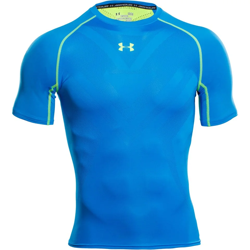 Under Armour Men's Armourvent Compression Short Sleeve Training T-Shirt - Blue Jet/High-Vis Yellow - S - Blue/Yellow Afbeelding 1