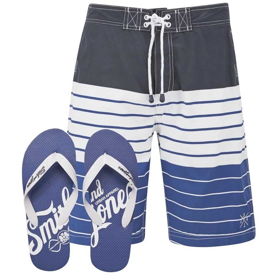Smith & Jones Men's Shore Board Shorts with Free Flip Flops - Navy - S - Blauw Afbeelding 1