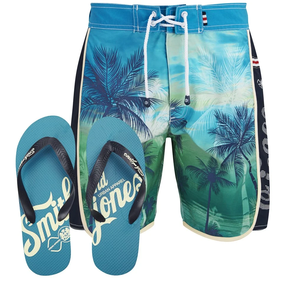 Smith & Jones Men's Kokomo Board Shorts with Free Flip Flops - Algiers Blue - S - Wit Afbeelding 1