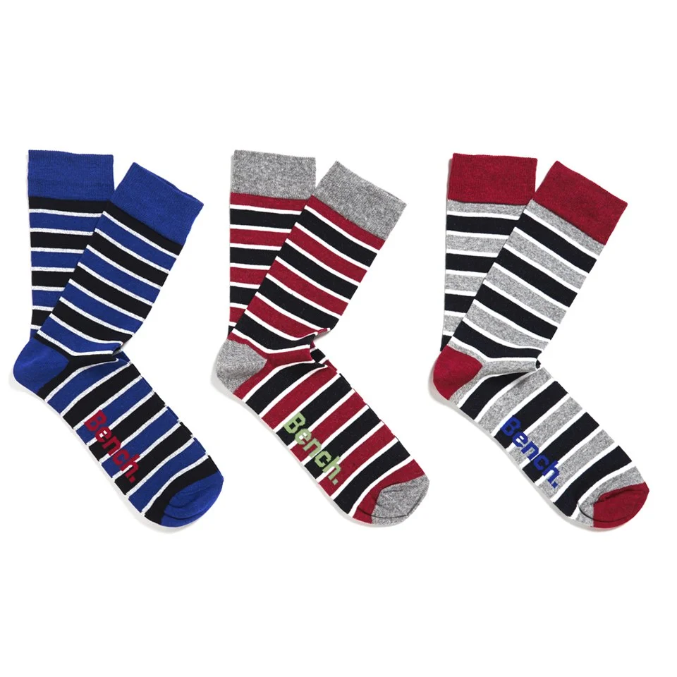 Bench Men's 3-Pack Striped Socks - Red/Grey/Blue - UK 7-11 - Red/Grey/Blue Afbeelding 1