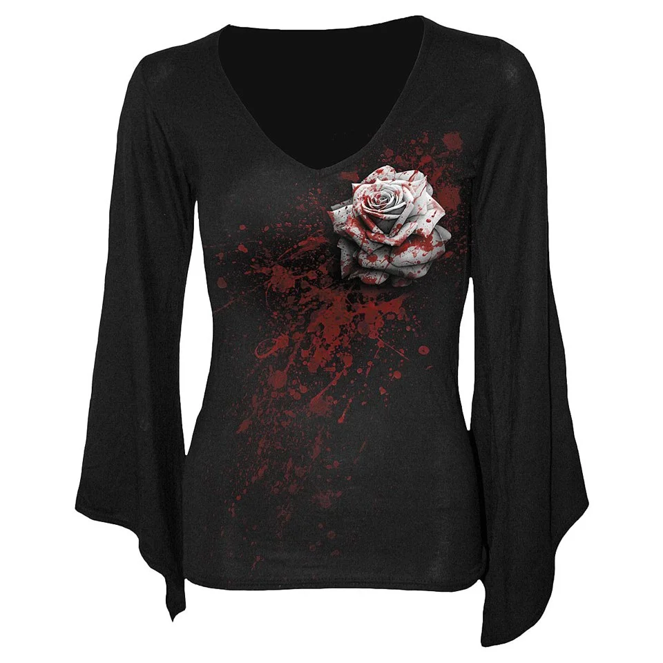 Spiral Women's WHITE ROSE V Neck Goth Sleeve Top - Black - M - Zwart Afbeelding 1