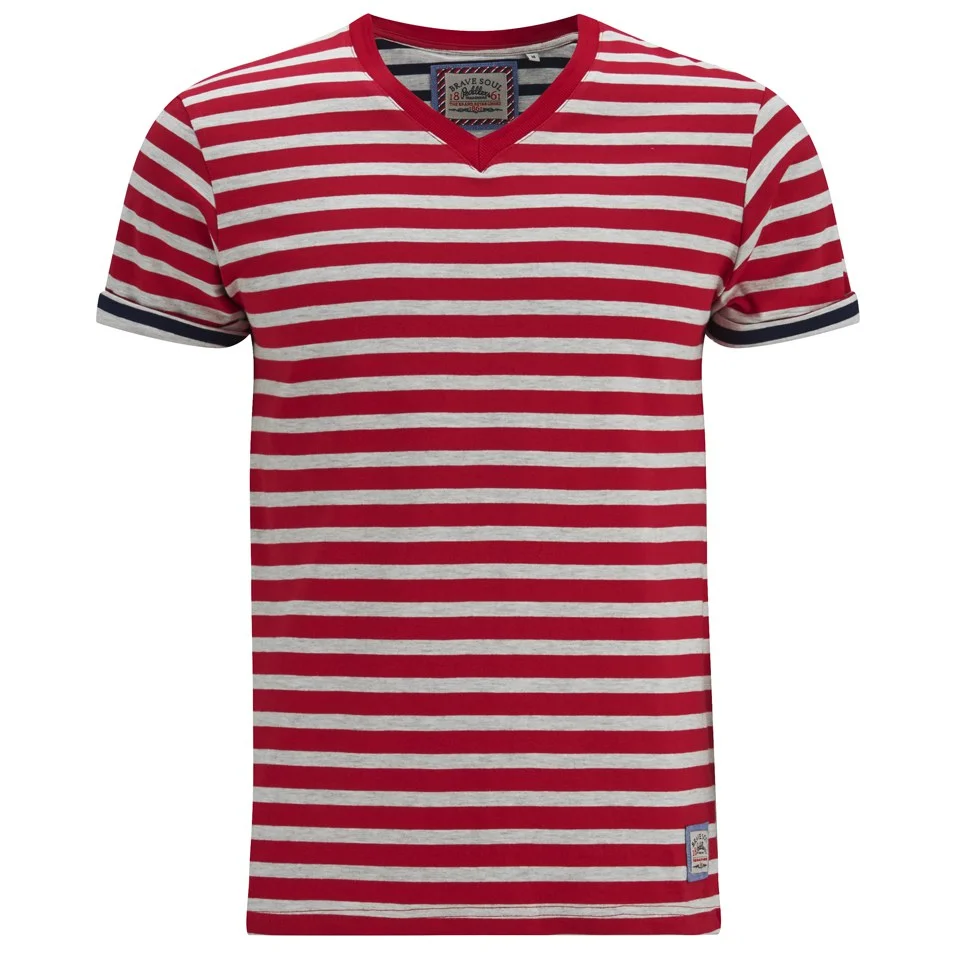 Brave Soul Men's Boson Striped V Neck T-Shirt - Red Marl - S - Rood Afbeelding 1