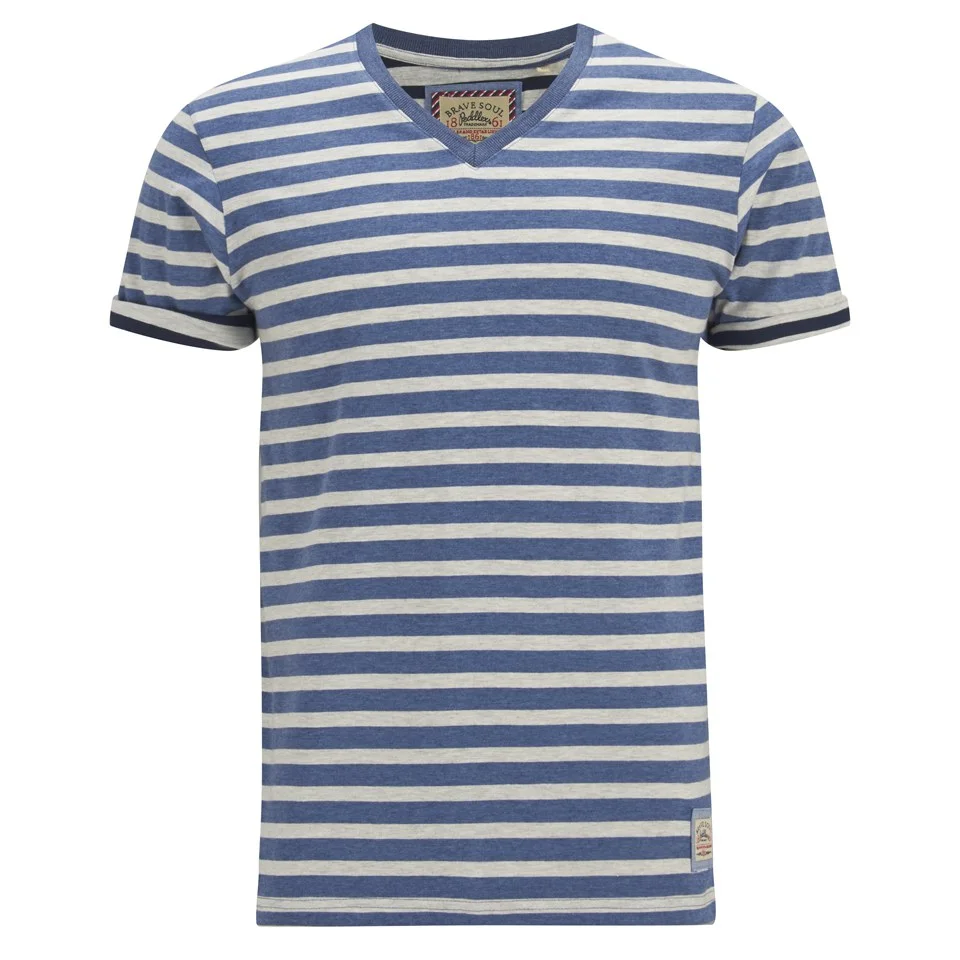 Brave Soul Men's Boson Striped V Neck T-Shirt - Dusty Blue Marl - S - Blauw Afbeelding 1