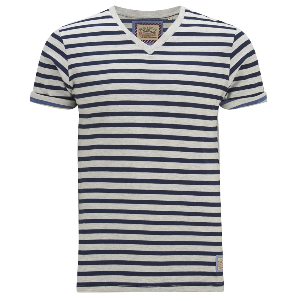 Brave Soul Men's Boson Striped V Neck T-Shirt - Ecru Marl - S - beige Afbeelding 1