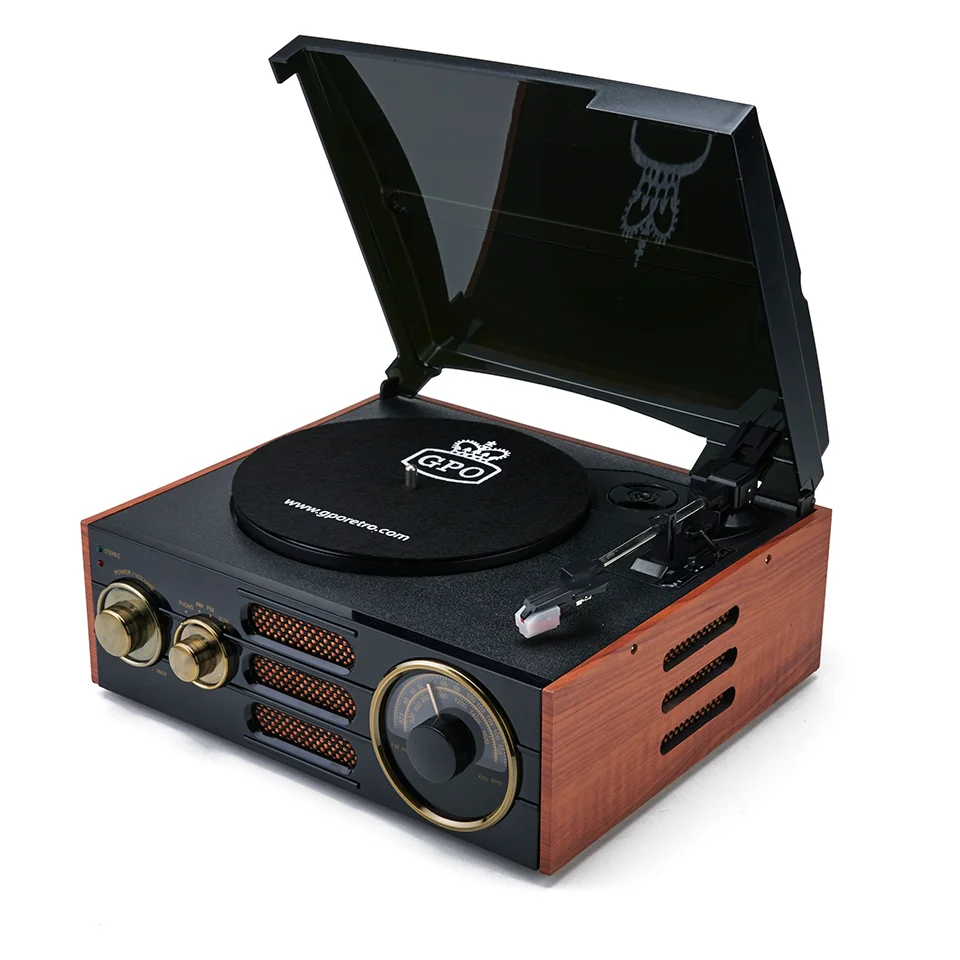 GPO Retro Empire Classic Vintage Style 3-Speed Record Player Turntable with Radio and Built-In Speaker - Black/Brown Afbeelding 1