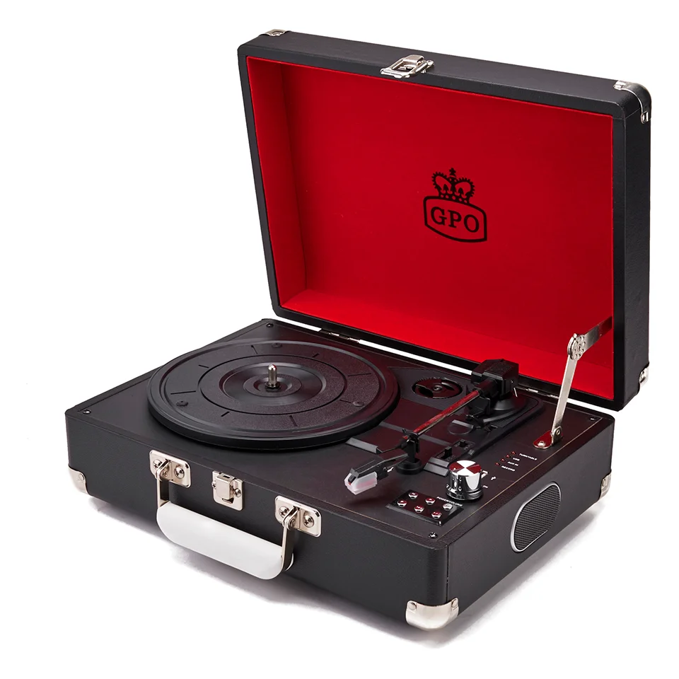 GPO Retro Attache Briefcase Style Three-Speed Portable Vinyl Turntable with Free USB Stick and Built-In Speakers - Black Afbeelding 1