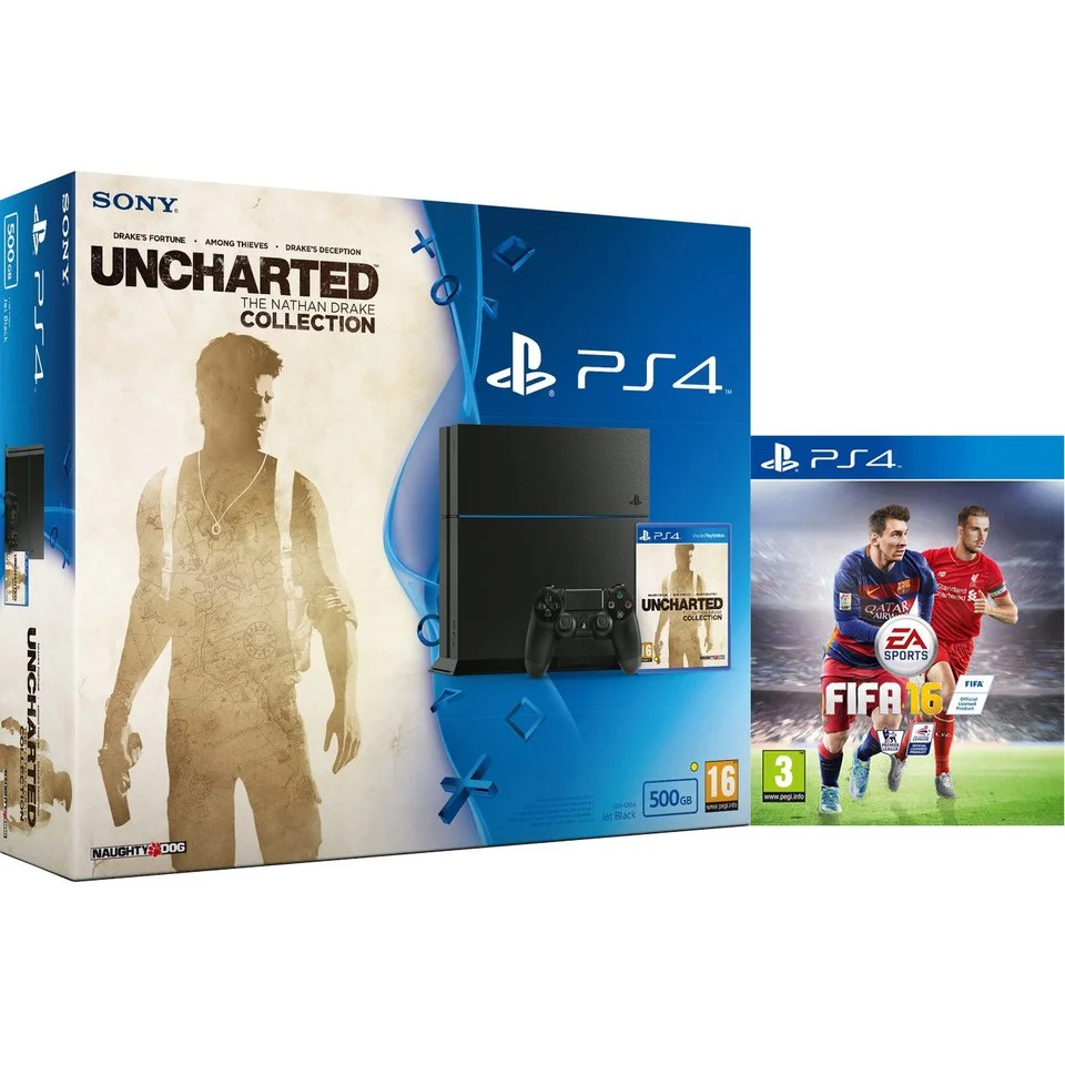 Sony PlayStation 4 500GB Console - Includes Uncharted: The Nathan Drake Collection & FIFA 16 Afbeelding 1