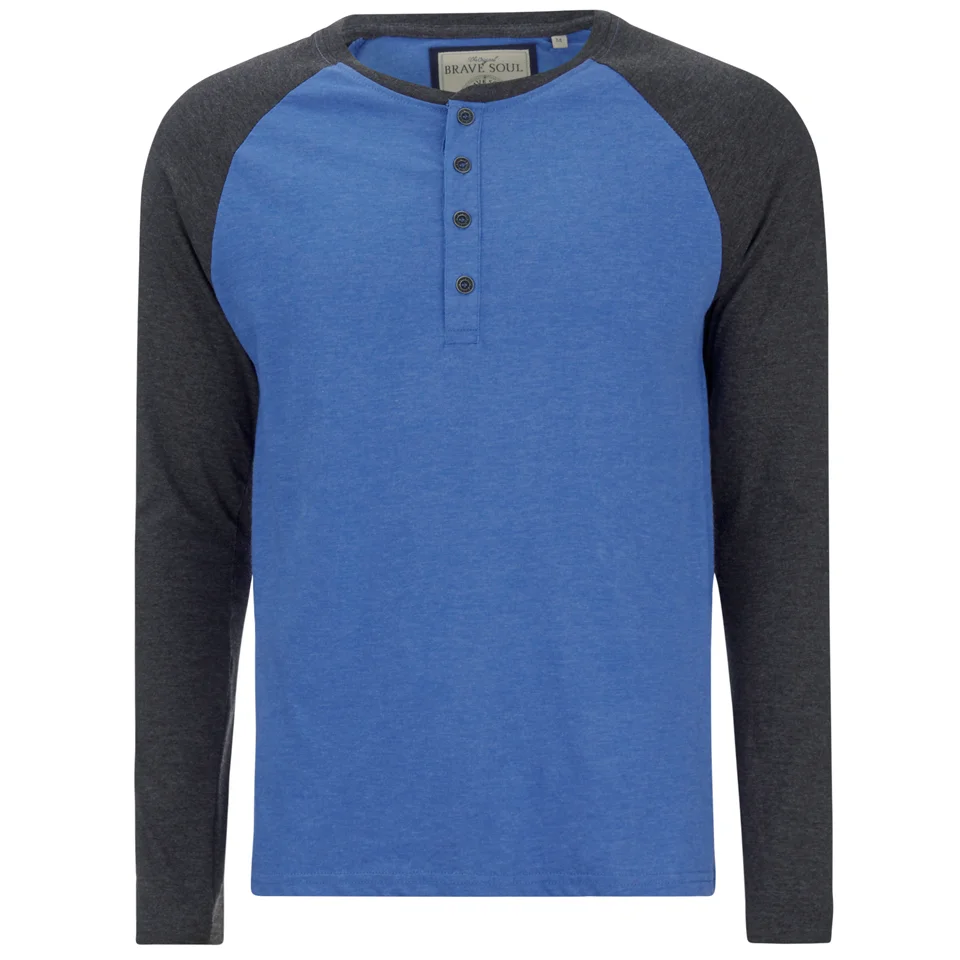 Brave Soul Men's Rasmus Grandad Long Sleeved Top - Ocean Blue/Charcoal - S - Blauw Afbeelding 1