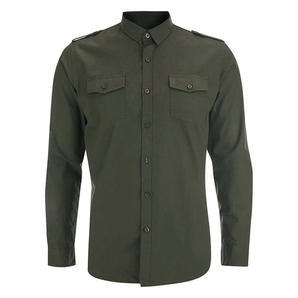 Brave Soul Men's Charlie Pocket Long Sleeve Shirt - Khaki - S - Groen Afbeelding 1