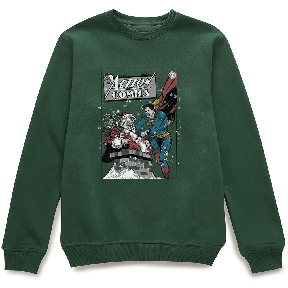 DC Comics Originals Superman met de Kerstman Action Comics Kersttrui - Donkergroen - S Afbeelding 1