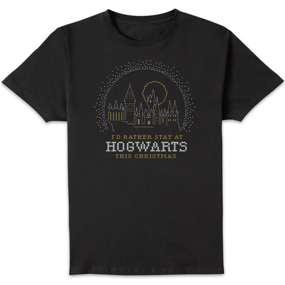 Harry Potter I'd Rather Stay At Hogwarts kerst t-shirt - Zwart - S Afbeelding 1