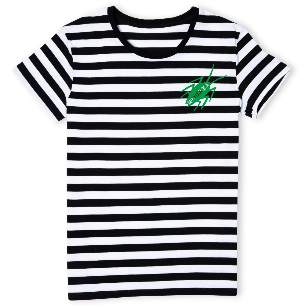 Beetlejuice Cockroach Embroidered Women's T-Shirt - White/Black Striped - XS - White / Black Striped Afbeelding 1
