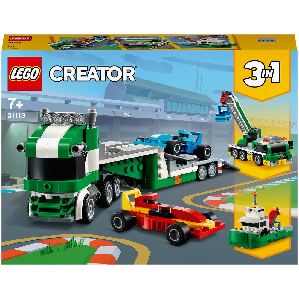 LEGO 31113 Creator 3in1 Racewagen Transportvoertuig Speelgoedtruck met Oplegger, Bouwkraan en Sleepboot voor Kinderen Afbeelding 1