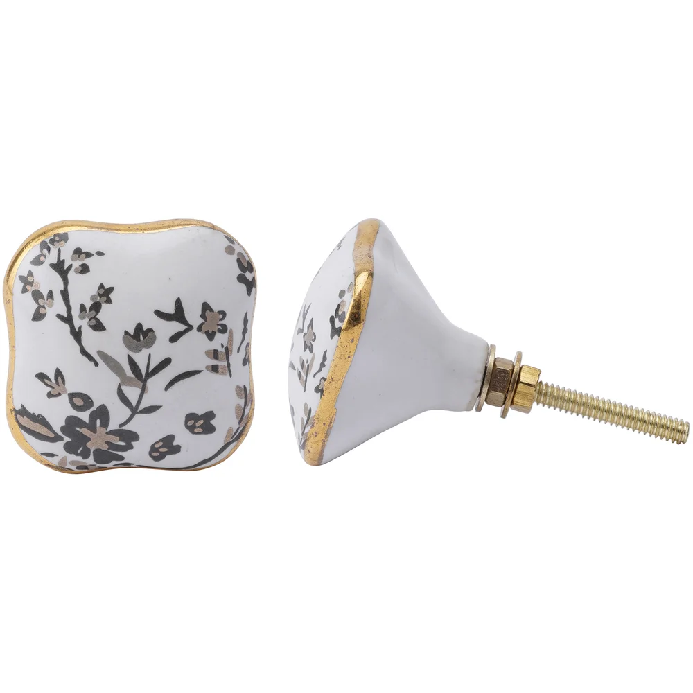 White and Grey Floral Ceramic Drawer Pull Afbeelding 1