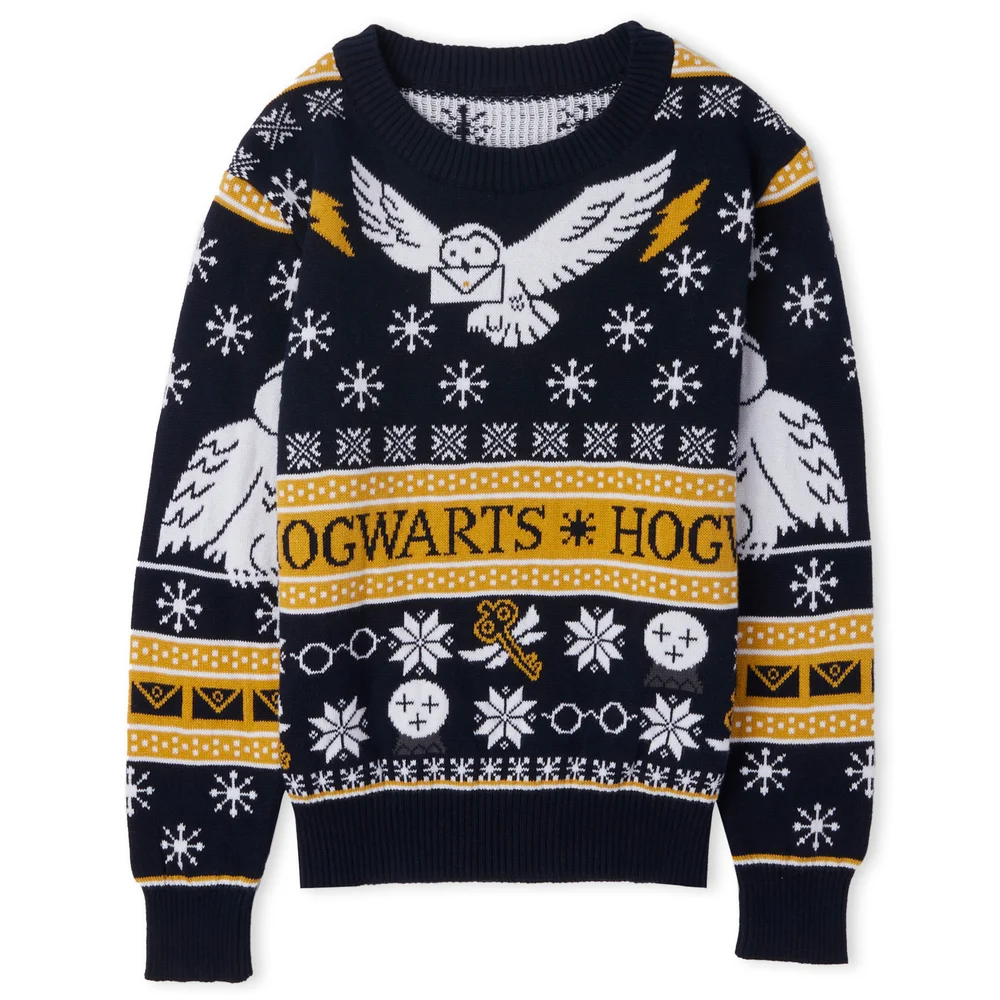 Harry Potter Owl Mail Kids Christmas Knitted Jumper Navy - S Afbeelding 1