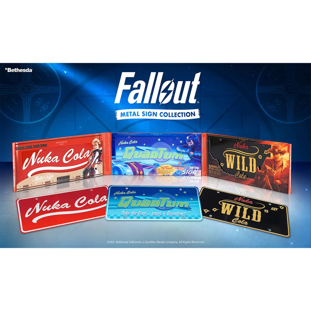 Doctor Collector Fallout Nuka Cola Metal Sign Triple Pack - Limited to 2077 Worldwide Afbeelding 1