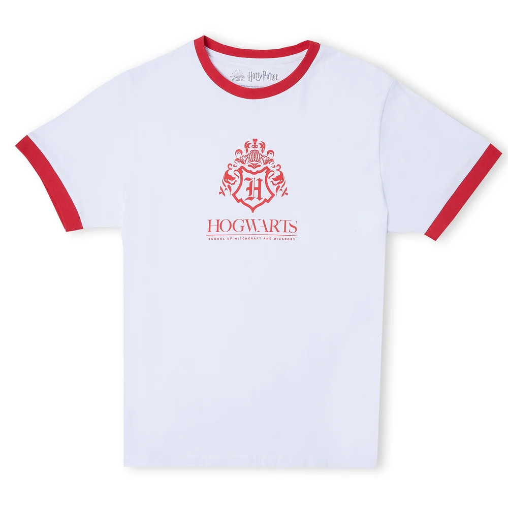 Harry Potter Hogwarts School Unisex Ringer T-Shirt - White / Red - S Afbeelding 1