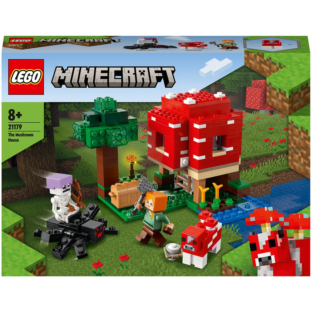 LEGO 21179 Minecraft Het Paddenstoelenhuis, Set voor Kinderen van 8+ Jaar, Cadeau-Idee met Alex, Mooshroom & Spider Jockey Afbeelding 1
