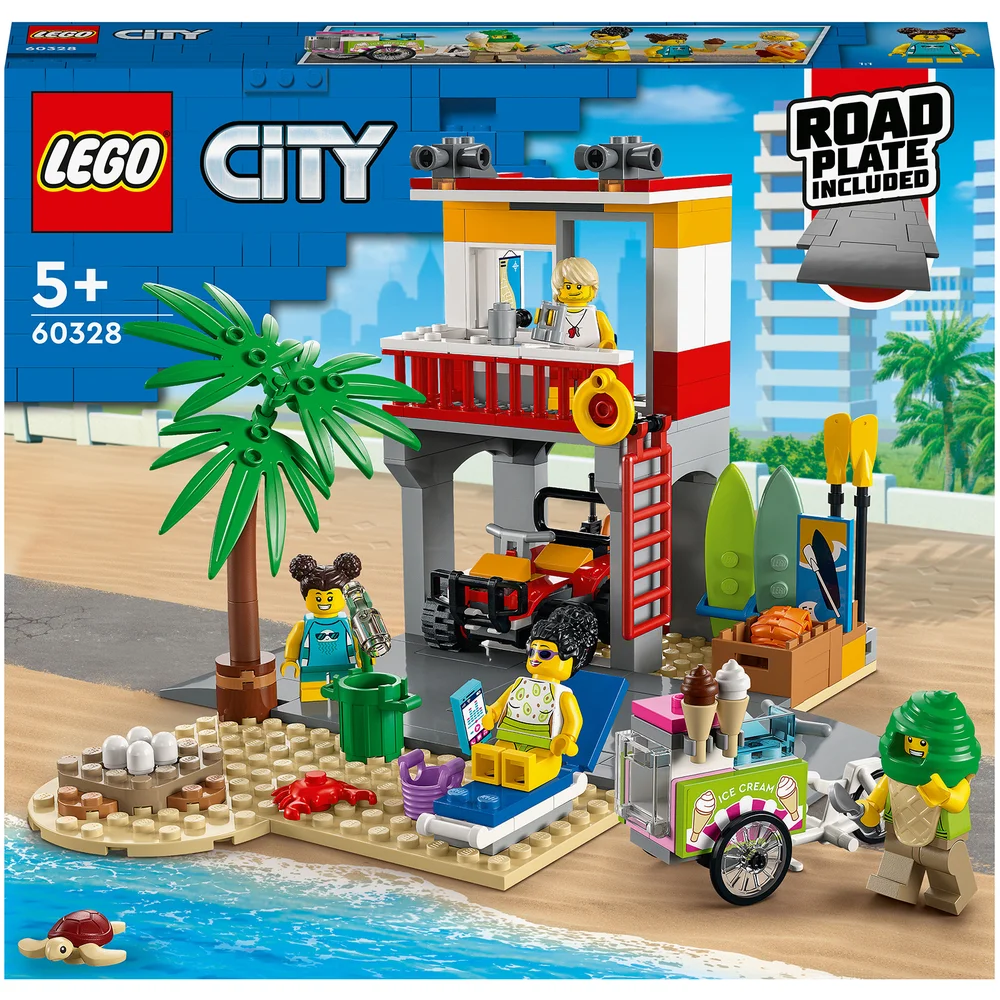 LEGO 60328 City Strandwachter Uitkijkpost, Set met Terreinwagen, IJscowagen, Krab en Wegplaat, Cadeau-idee voor Kinderen Afbeelding 1